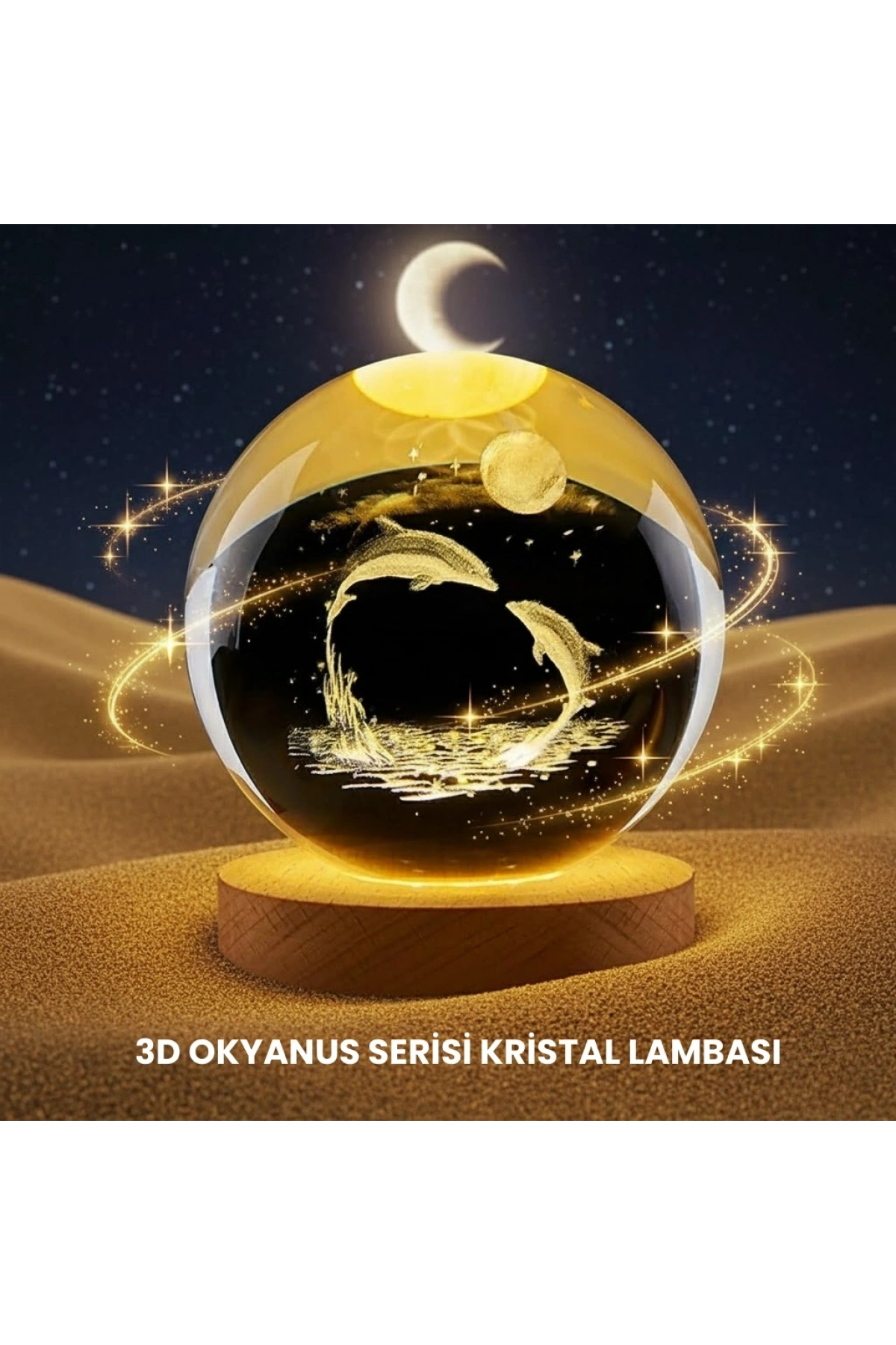Yunus Temalı Kristal Küre USB Işıklı Ahşap Altlıklı Gece Lambası