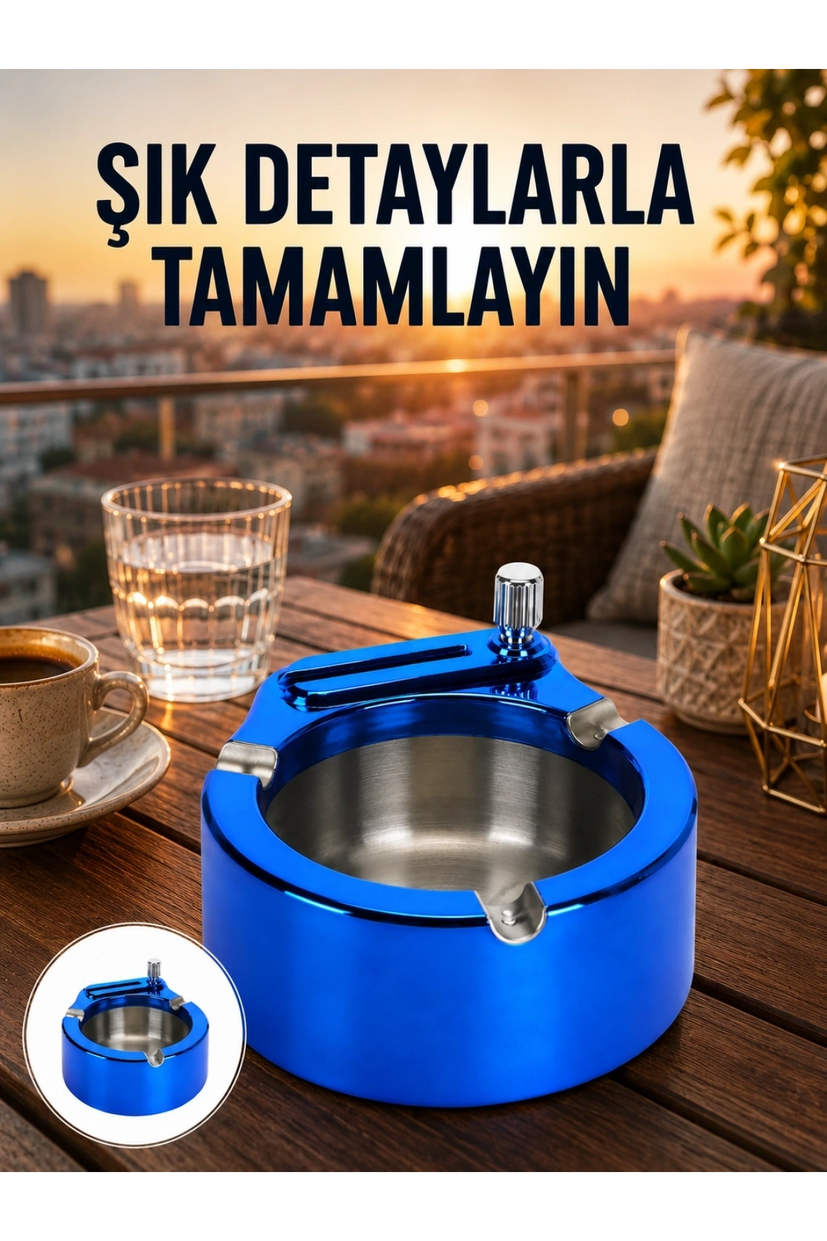 Yuvarlak Metal Küllük Çakmak Entegreli Dayanıklı Yapı