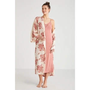 Catherines %100  Viskon Çiçek Desen 2li Sabahlık Gecelik Takımı