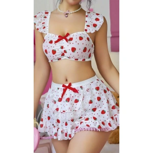 Arias Closet Beyaz Çilek Desenli Etekli Fantezi Sütyen Takım