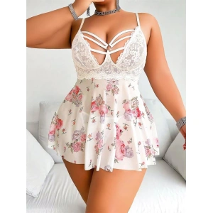 Arias Closet Büyük Beden Beyaz Üstüne Çiçek Desenli Dantel İşlemeli İnce Askılı Mini Gecelik
