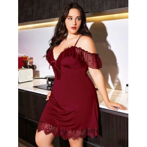 Arias Closet Büyük Beden Bordo Dantel İşlemeli İnce Askılı Gecelik