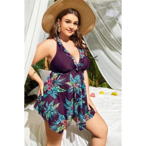 Arias Closet Büyük Beden Mor Üstüne Çiçek Desenli Boyundan Bağlamalı Elbise