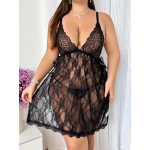 Arias Closet Büyük Beden Siyah Dantel İşlemeli Fantezi Tül Gecelik