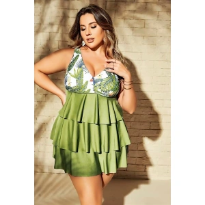 Arias Closet Büyük Beden Yeşil Fırfırlı Yaprak Desenli Kalın Askılı Gecelik