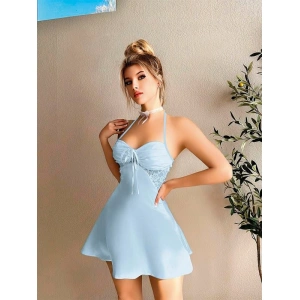 Arias Closet Dantel İşlemeli Boyundan Bağlamalı Mavi Saten Gecelik