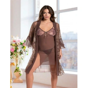 Arias Closet Haki Transparan Dantel İşlemeli Tül Yırtmaçlı 2li Gecelik Takımı