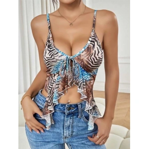 Arias Closet Leopar Desenli İnce Askılı Önden Bağlamalı Fırfır Detaylı Crop