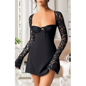 Arias Closet Özel Tasarım Dantel İşlemeli Şık Uzun Bolerolu Siyah Fantezi Mini Club Elbisesi