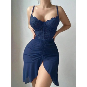 Arias Closet Özel Tasarım Lacivert Dantel İşlemeli Korse Görünümlü Önden Büzgülü Fantezi Tül Gecelik