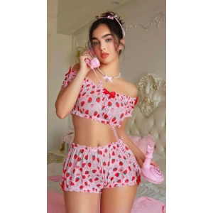 Arias Closet Pembe Çilek Desenli Şortlu Fantezi Sütyen Takımı