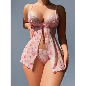 Arias Closet Pembe Dantel İşlemeli Çiçek Desenli Fantezi Gecelik