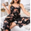 Arias Closet Büyük Beden Siyah Üstüne Çiçek Desenli İnce Askılı 2li Pijama Takımı