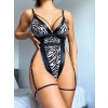 Arias Closet Özel Tasarım Göğüs İp Detaylı Zebra Desen Fantezi Jartiyerli Body