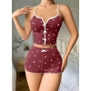 Arias Closet Pamuklu Kahverengi Üstüne Beyaz Kalp Desen Fitilli Askılı Şortlu Pijama Takımı