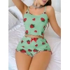 Arias Closet Pamuklu Yeşil Üstüne Çilek Desen Fitilli Askılı Şortlu Pijama Takımı