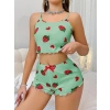 Arias Closet Pamuklu Yeşil Üstüne Çilek Desen Fitilli Askılı Şortlu Pijama Takımı