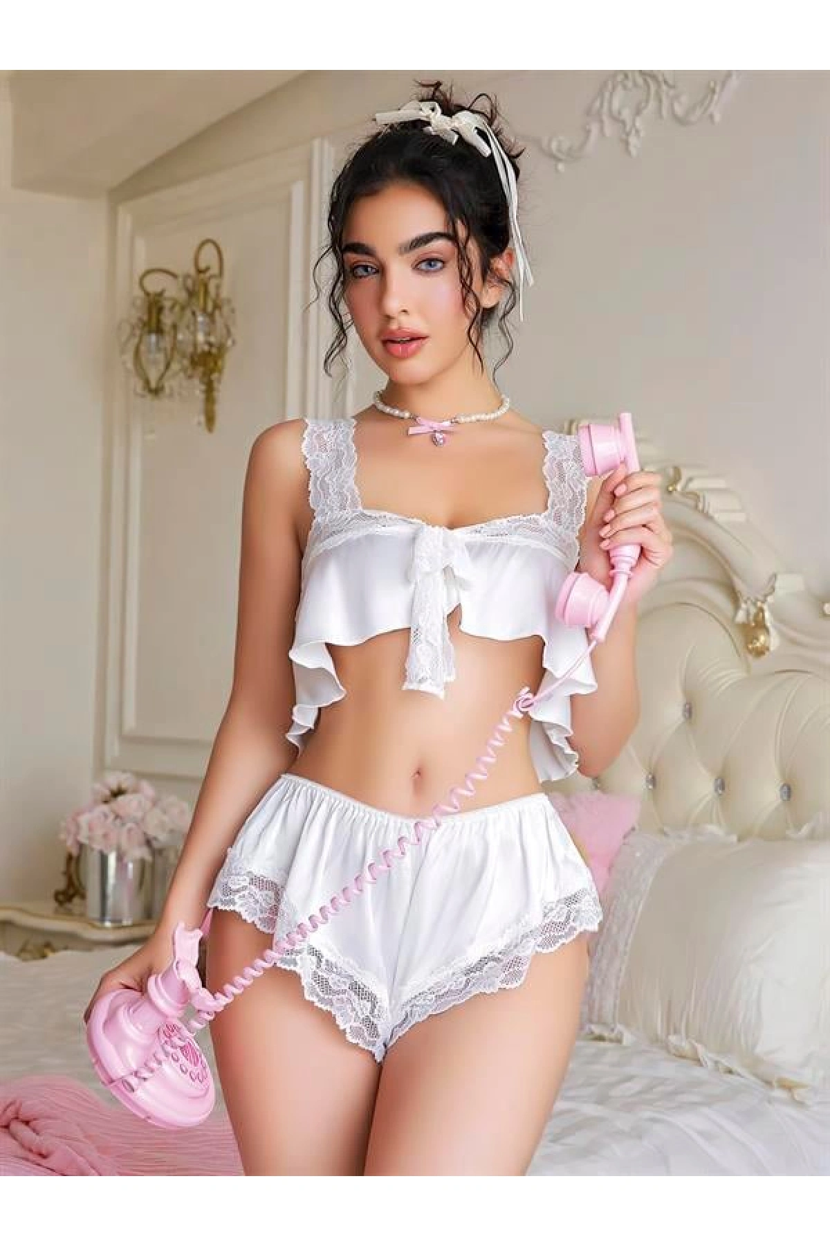 Arias Closet Beyaz Dantel İşlemeli Sütyenli Saten Şortlu Takım