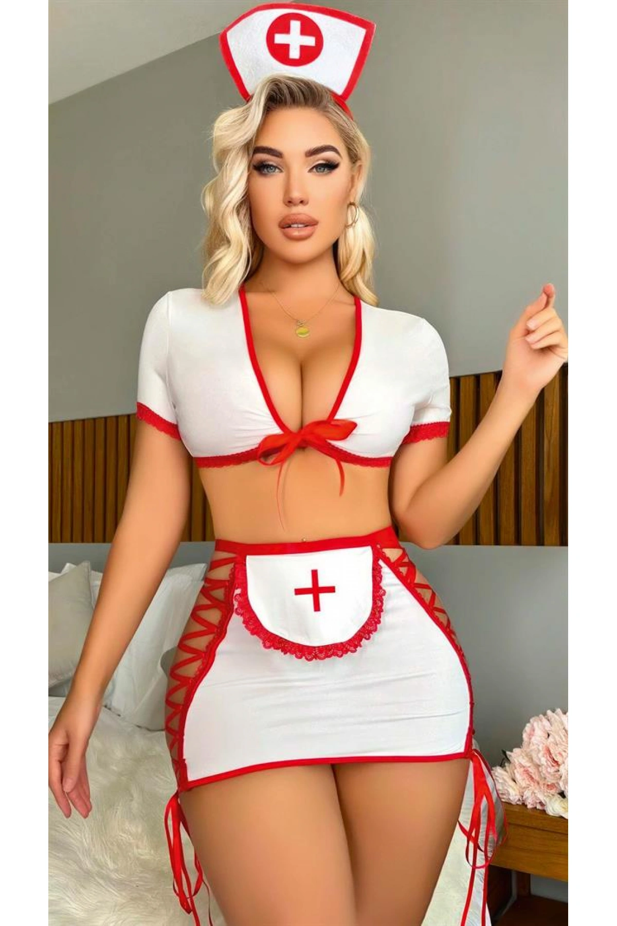 Arias Closet Beyaz Kenarları İp Detaylı Fantezi Hemşire Kostüm