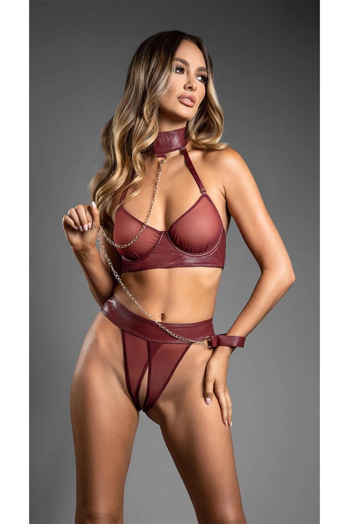 Arias Closet Bordo Tül Büstiyerli Özel Bölgesi Açık Kelepçeli Fantezi Deri Takım