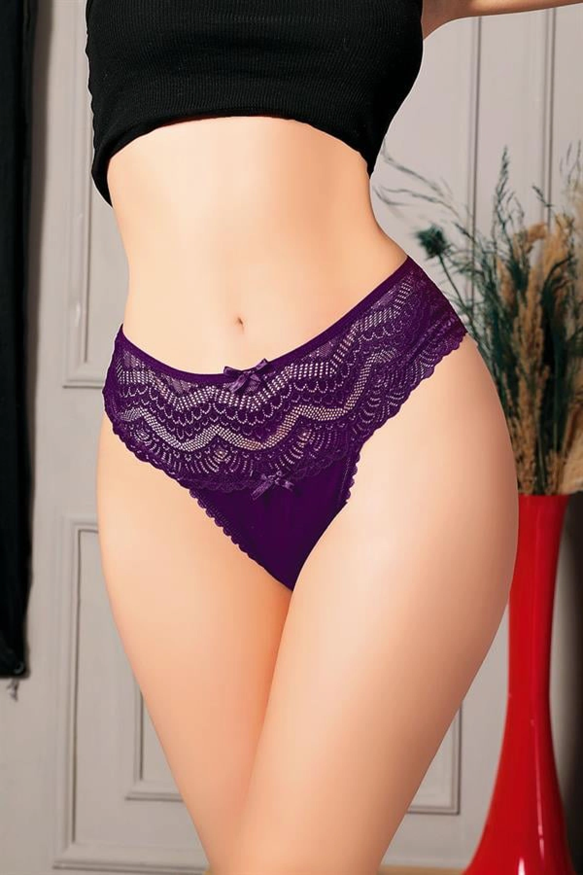 Arias Closet Büyük Beden Bel Kısmı Dantelli Fantezi Mor Tanga String