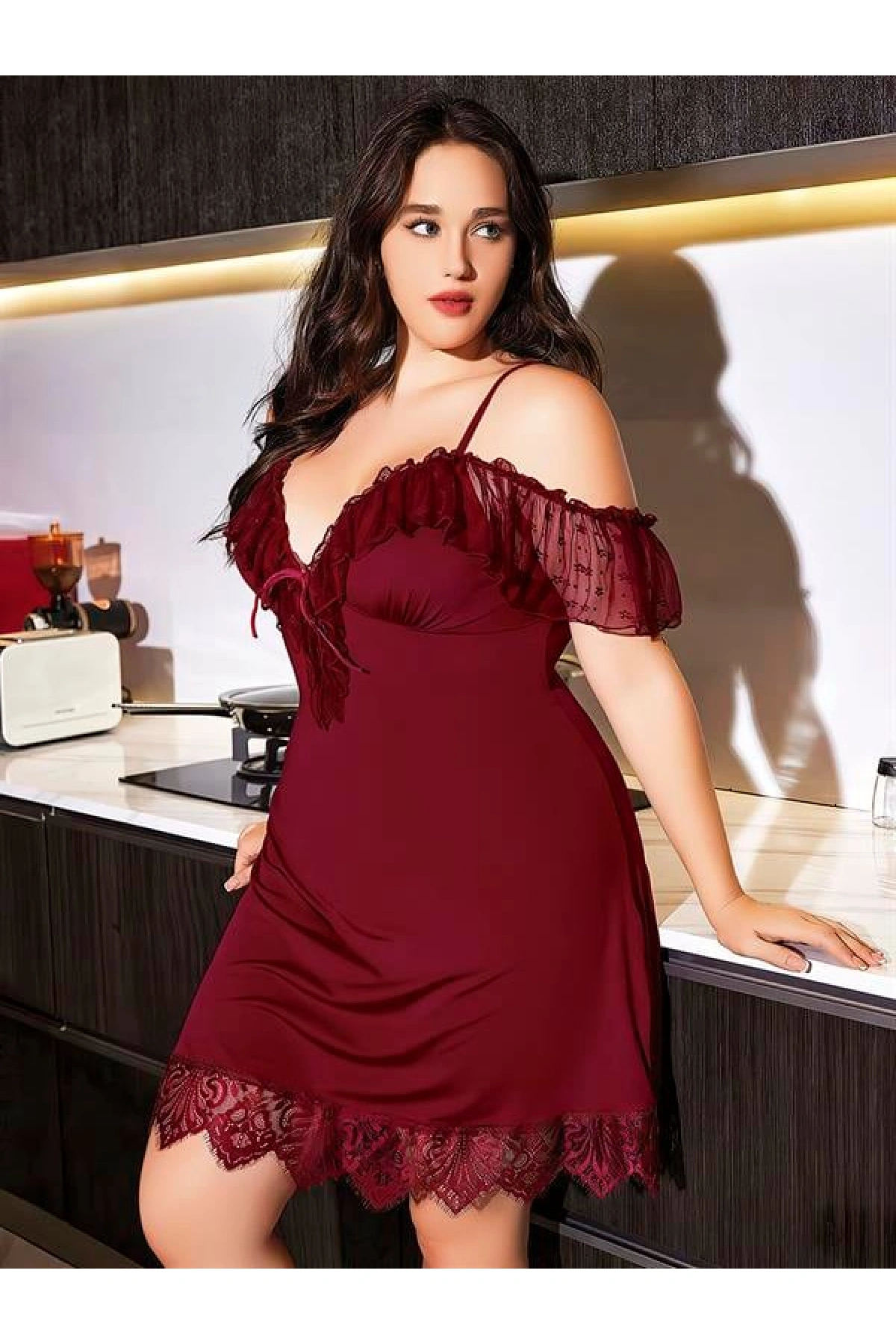 Arias Closet Büyük Beden Bordo Dantel İşlemeli İnce Askılı Gecelik