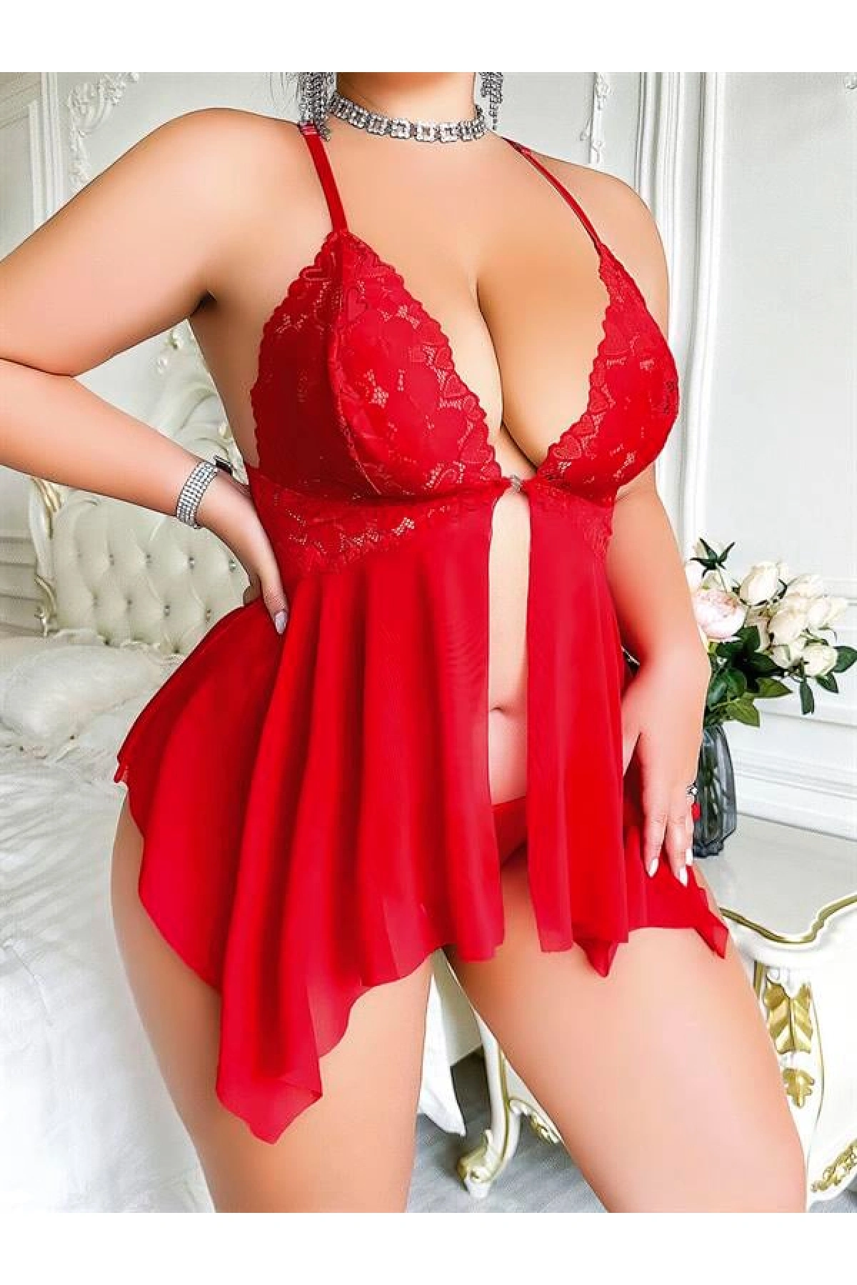 Arias Closet Büyük Beden Dantel İşlemeli Fırfırlı Dekolteli Fantezi Tül Kırmızı Gecelik