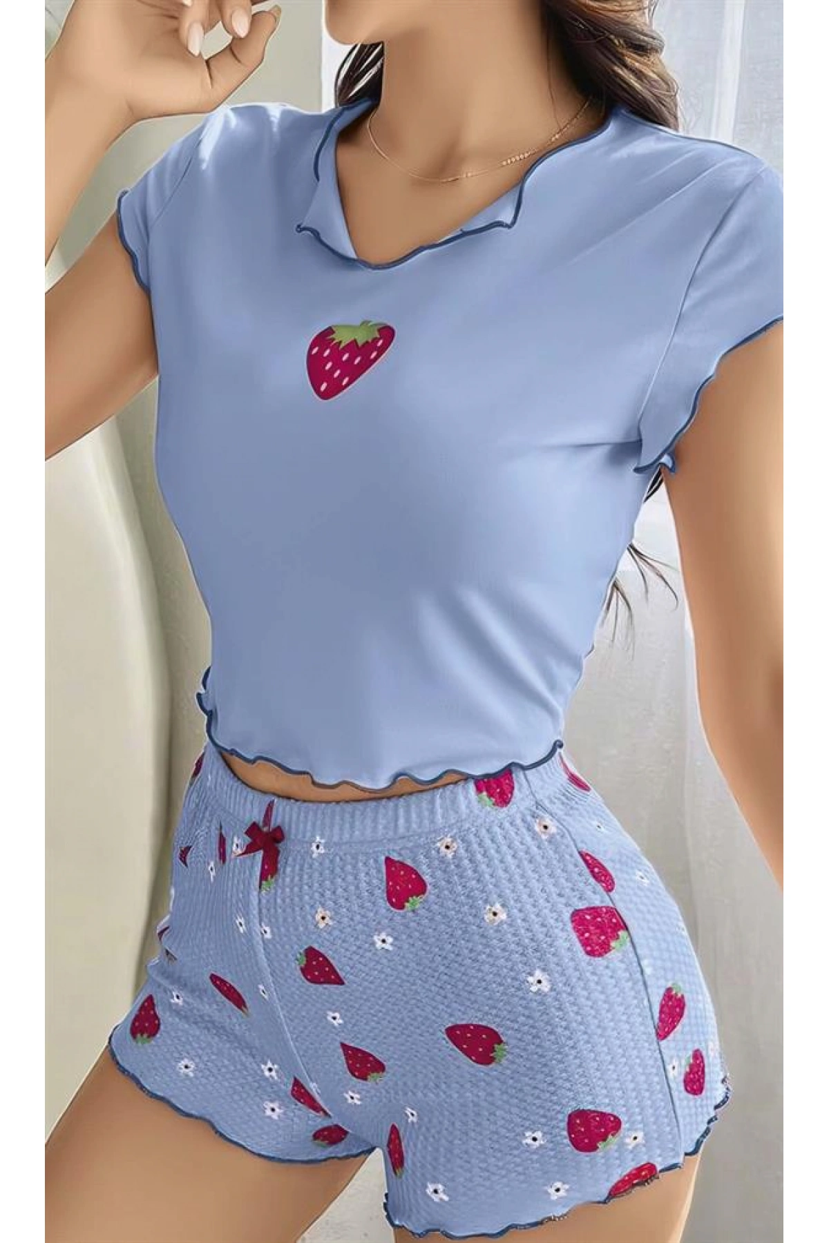 Arias Closet Çilek Desenli Mavi Seksi Pijama Takım