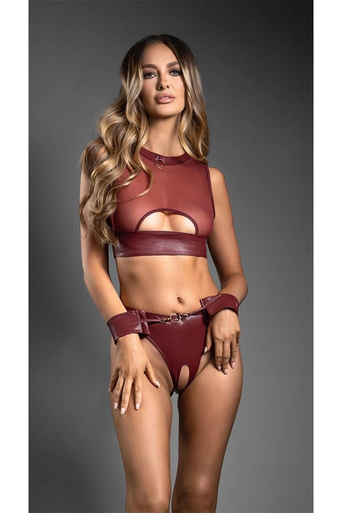 Arias Closet Deri Bordo Tül Büstiyerli Özel Bölgesi Açık Fantezi Takım