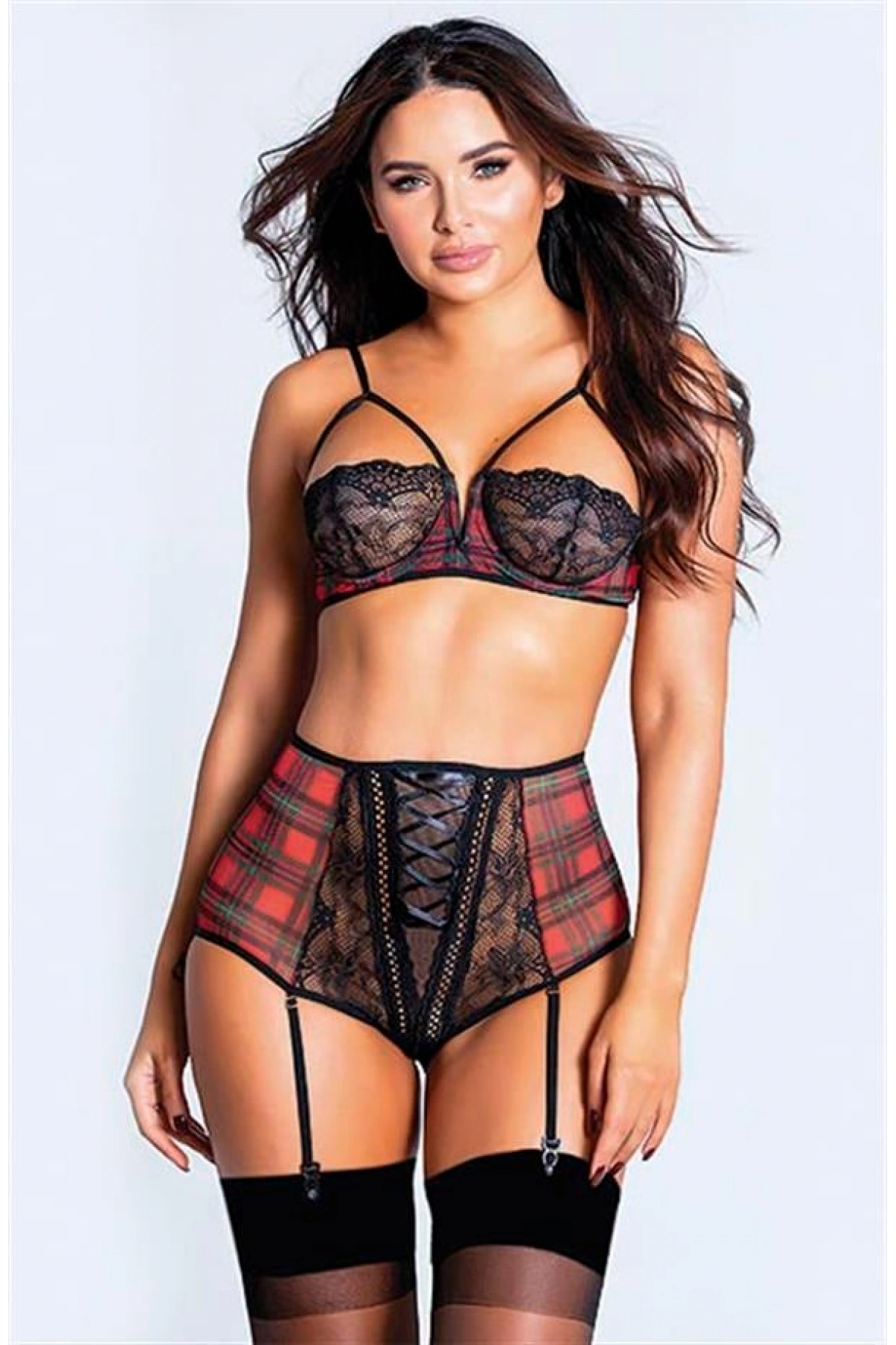 Arias Closet Ekose Desenli Yüksek Bel Fantezi Jartiyer Takımı