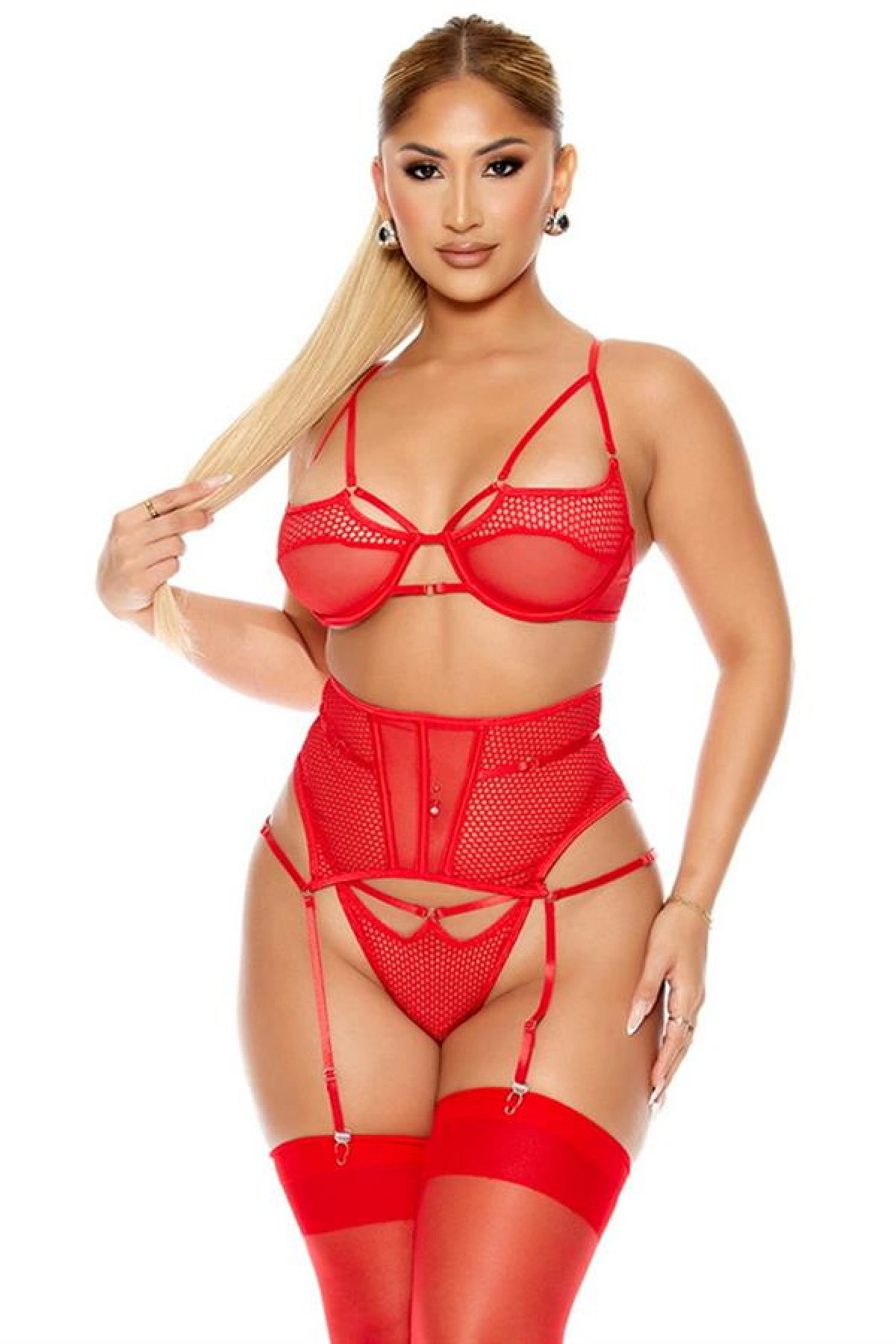 Arias Closet Fantezi File Tül Detaylı Kırmızı Jartiyer Takım