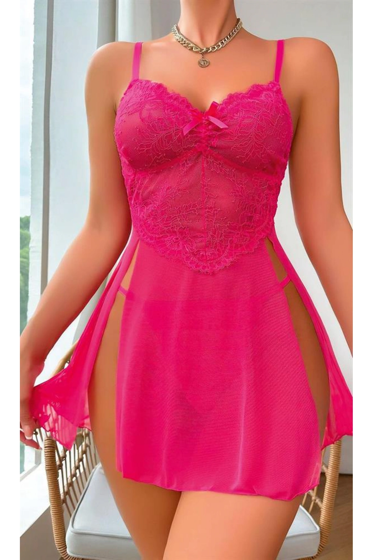 Arias Closet Fuşya Dantel İşlemeli Transparan Fantezi Tül Gecelik