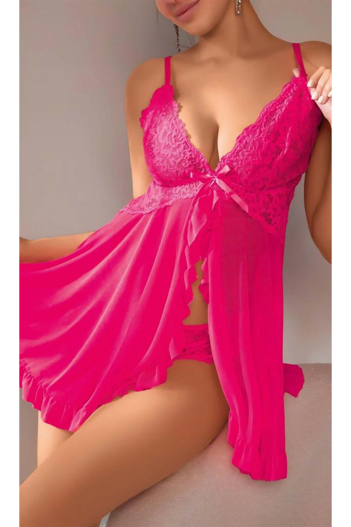 Arias Closet Fuşya Dantel İşlemeli Yırtmaçlı Transparan Fantezi Tül Gecelik