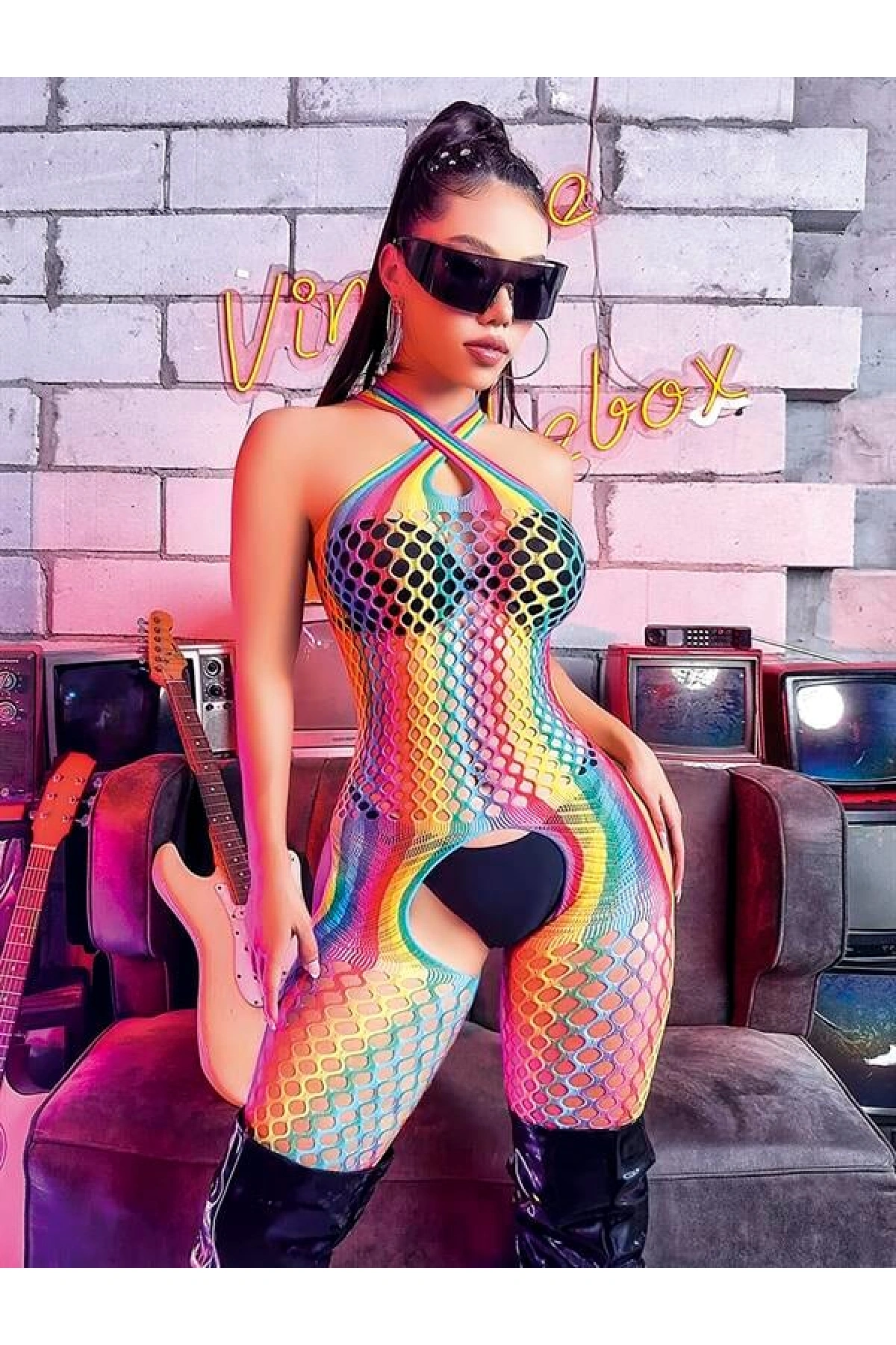 Arias Closet Gökkuşağı Desenli Fileli Fantezi Vücut Çorabı