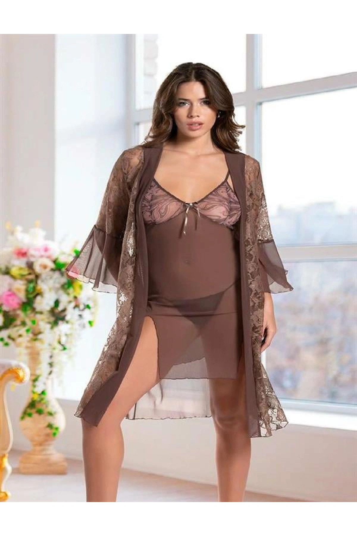 Arias Closet Haki Transparan Dantel İşlemeli Tül Yırtmaçlı 2li Gecelik Takımı