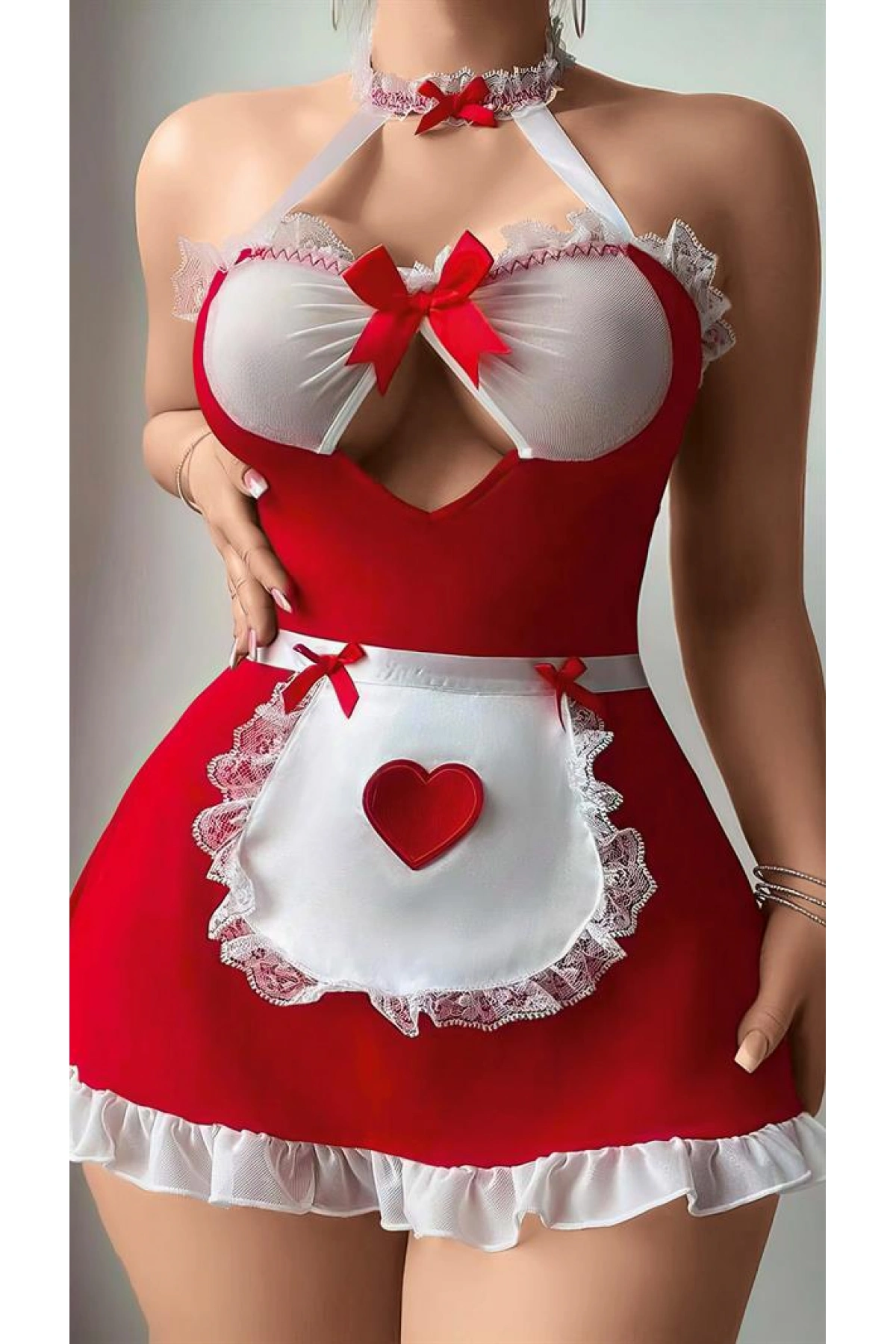 Arias Closet Kırmızı Beyaz Dantel İşlemeli Kalp Detaylı Fantezi Fransız Hizmetçi Kostümü