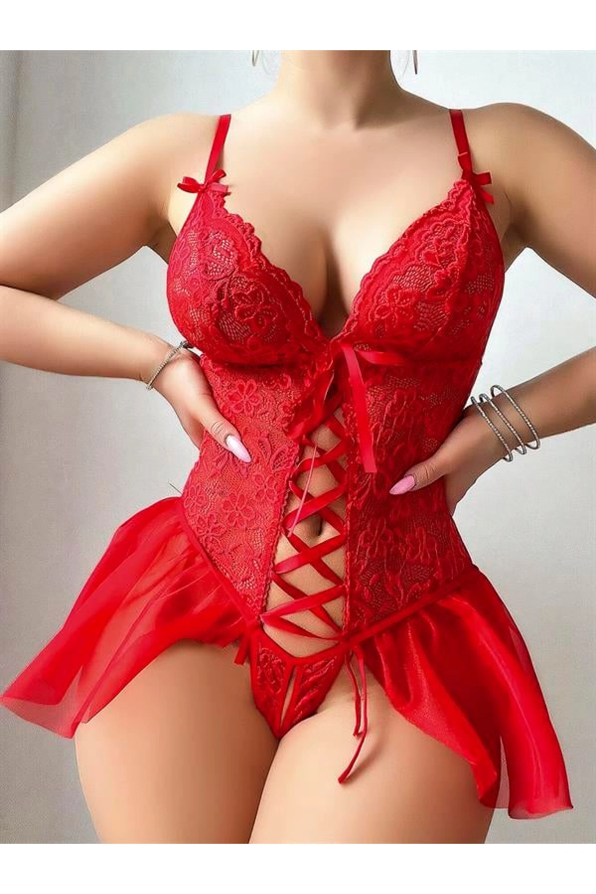 Arias Closet Kırmızı Dantel Detaylı Önü Dekolteli Fantezi Babydoll