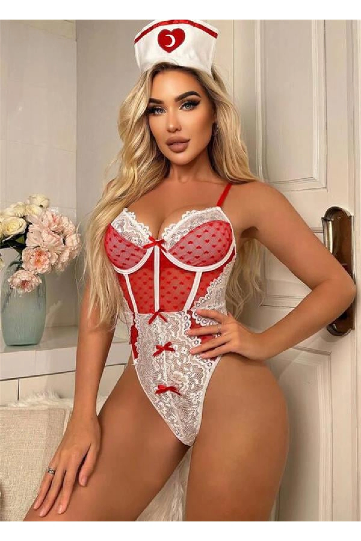 Arias Closet Kırmızı Fantezi Body Hemşire Kostümü