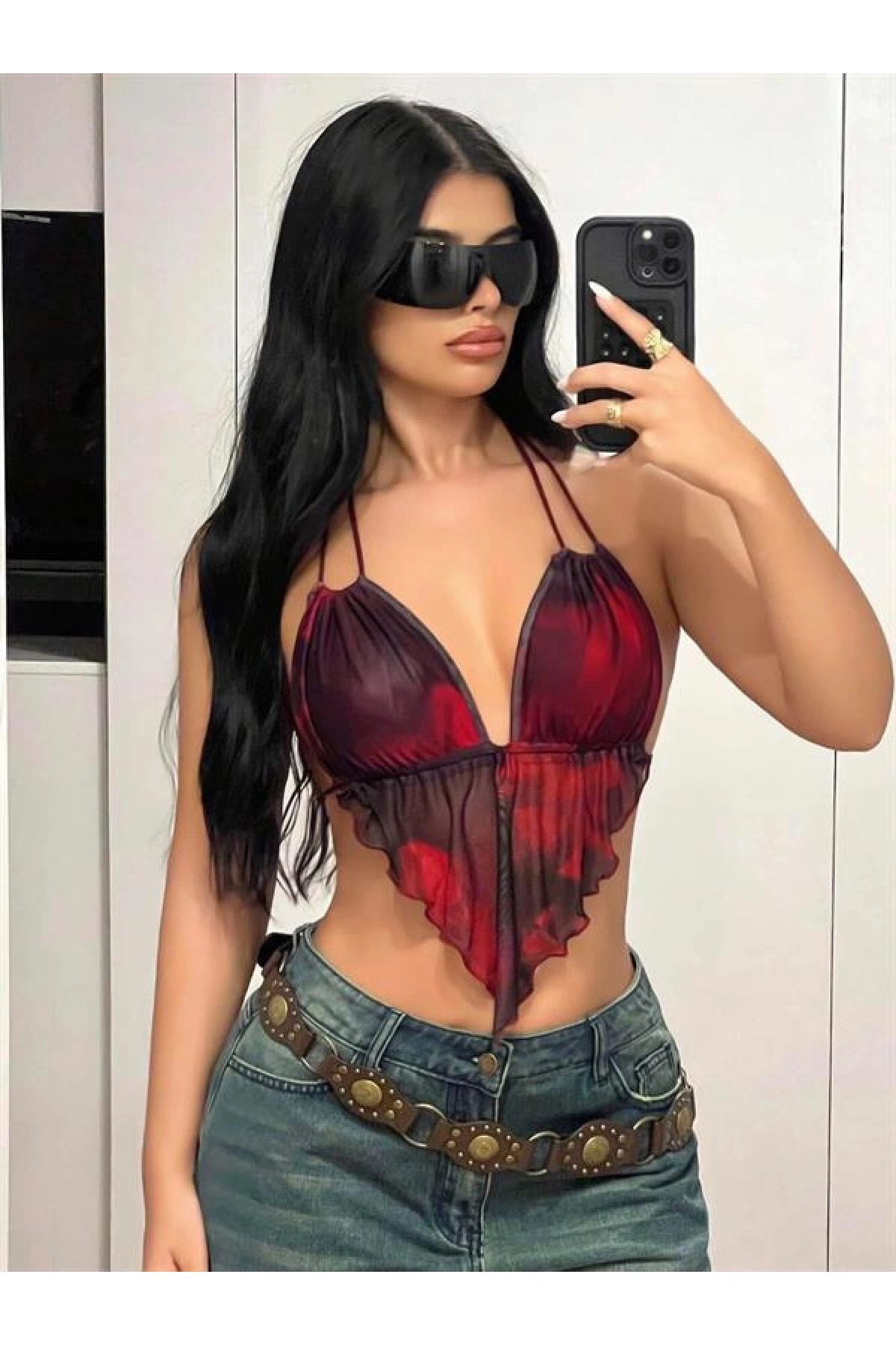 Arias Closet Kırmızı Siyah Desenli İnce Askılı Üçgen Kesim Crop