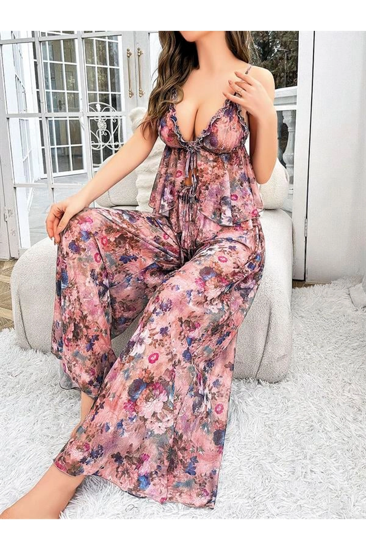 Arias Closet Özel Tasarım Çiçek Desenli Salaş Kesim Şık 2li Takım