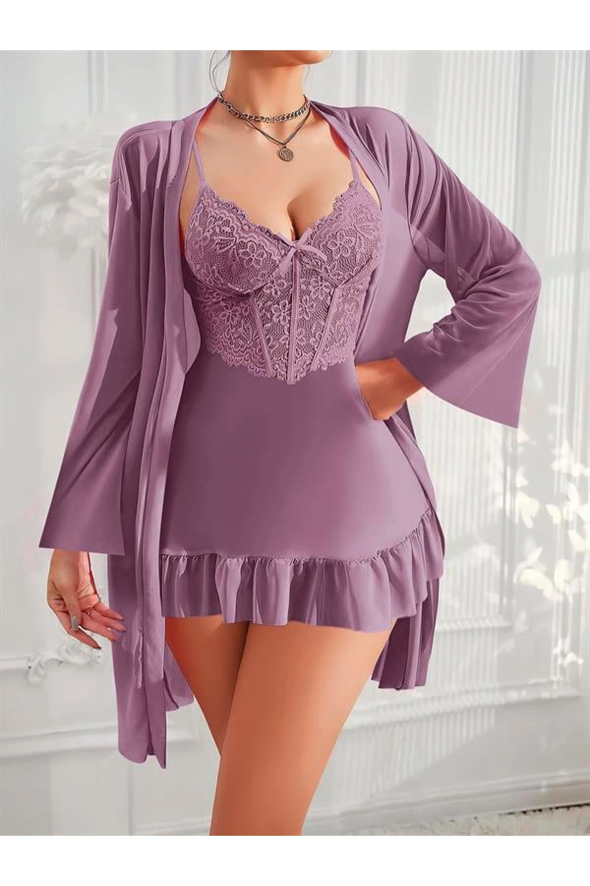 Arias Closet Özel Tasarım Dantel İşlemeli Fırfırlı Sabahlıklı 2li Mor Gecelik Takımı