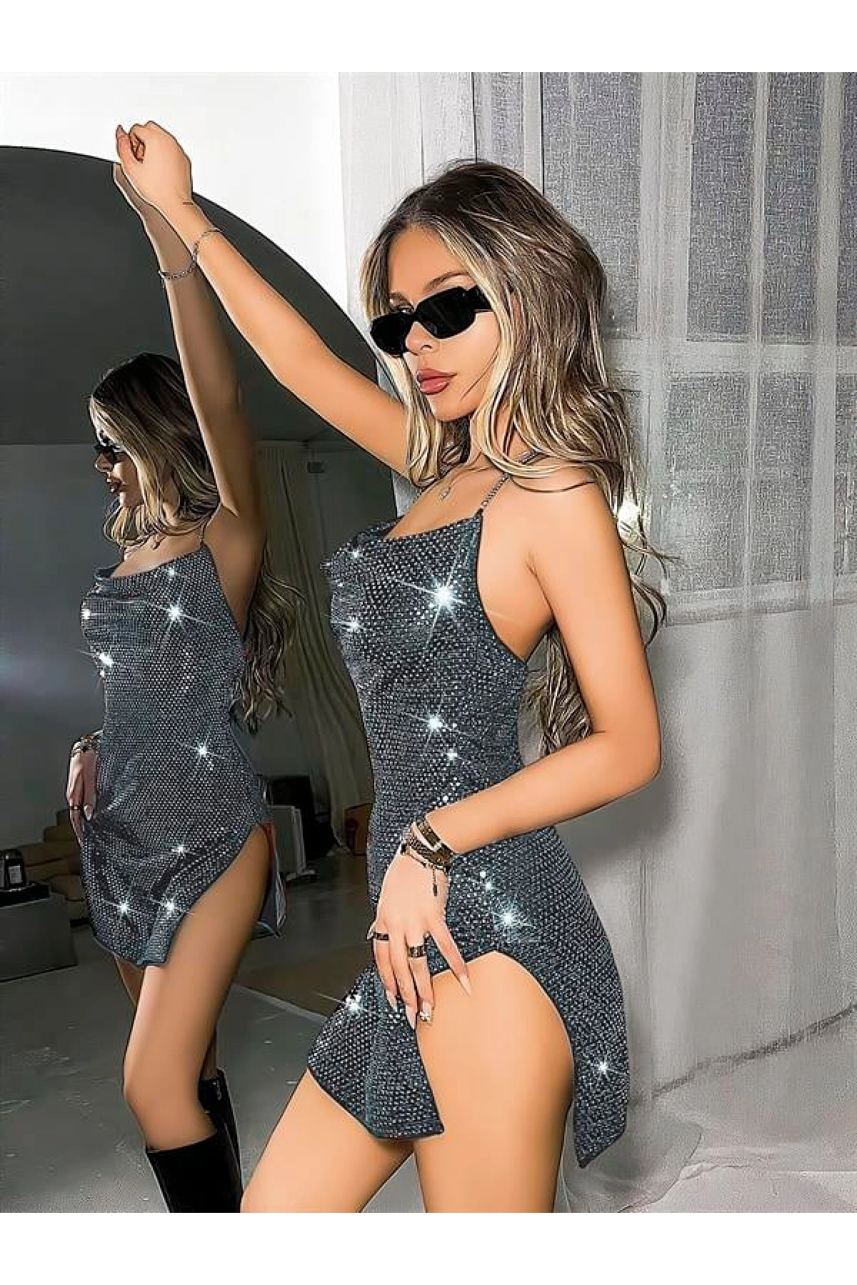 Arias Closet Özel Tasarım Gümüş Payetli Zincir Askılı Yırtmaçlı Parlak Işıltılı Fantezi Mini Club Elbisesi
