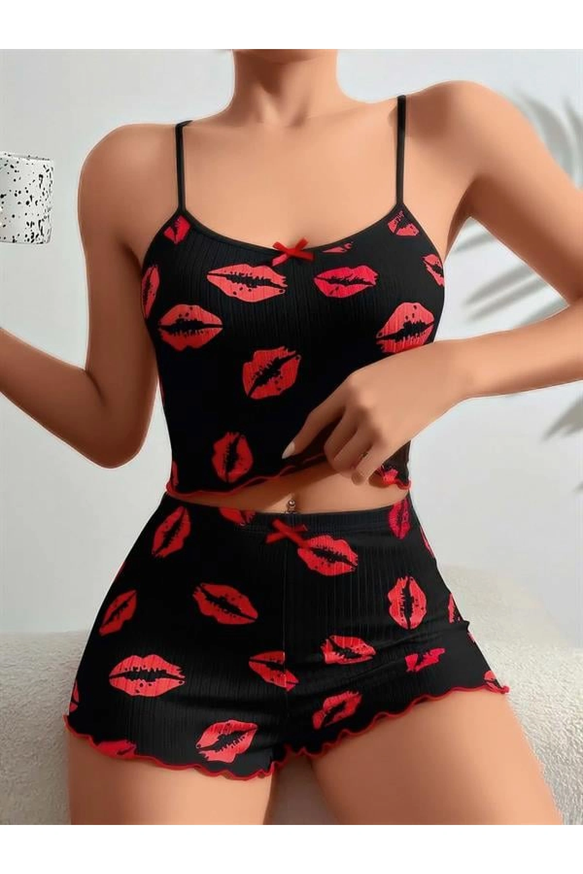 Arias Closet Pamuklu Kiss Öpücük Desen Siyah Fitilli Şortlu Pijama Takımı
