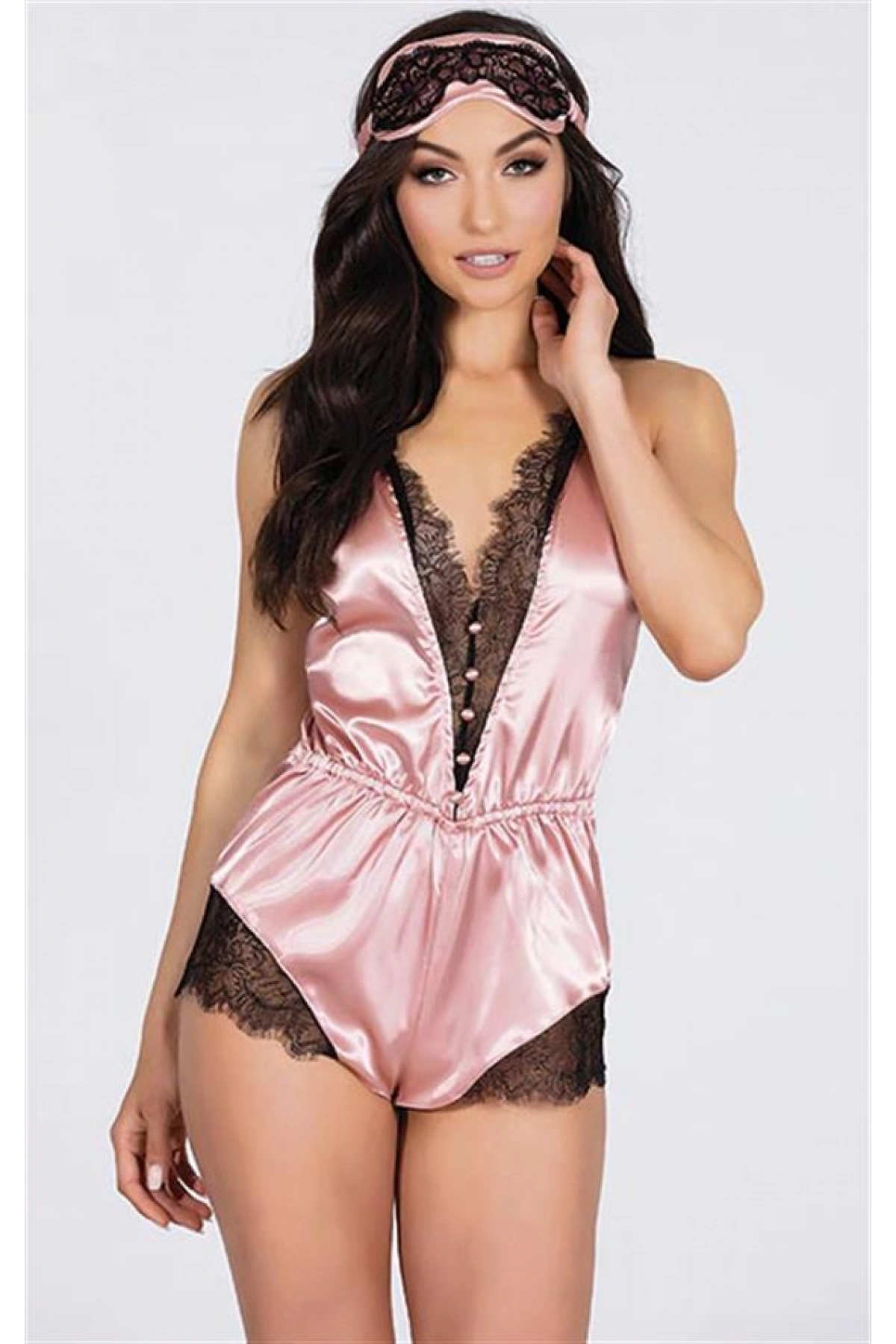 Arias Closet Pembe Dantelli Sırtı Çapraz Saten Şort Tulum