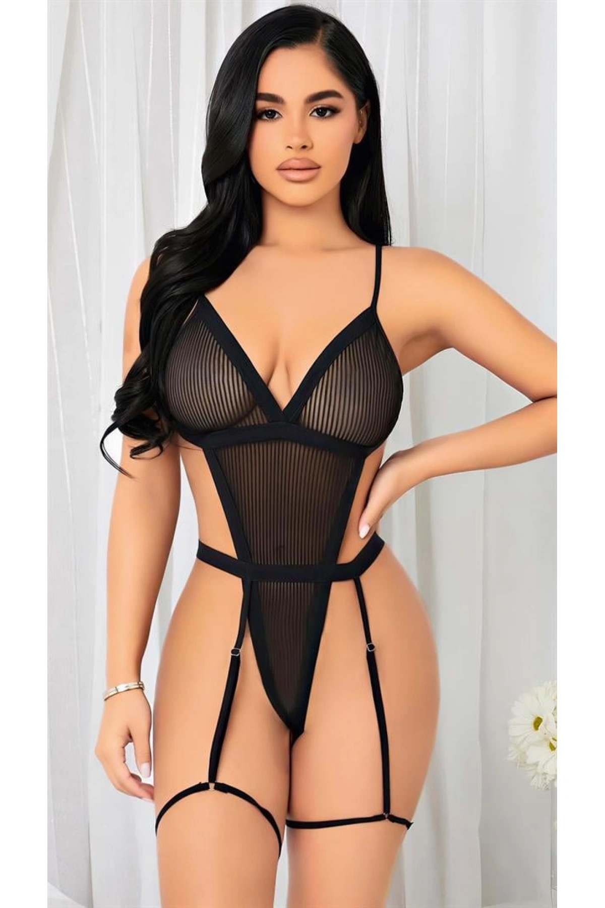 Arias Closet Siyah İp Detaylı Tül Fantezi Body