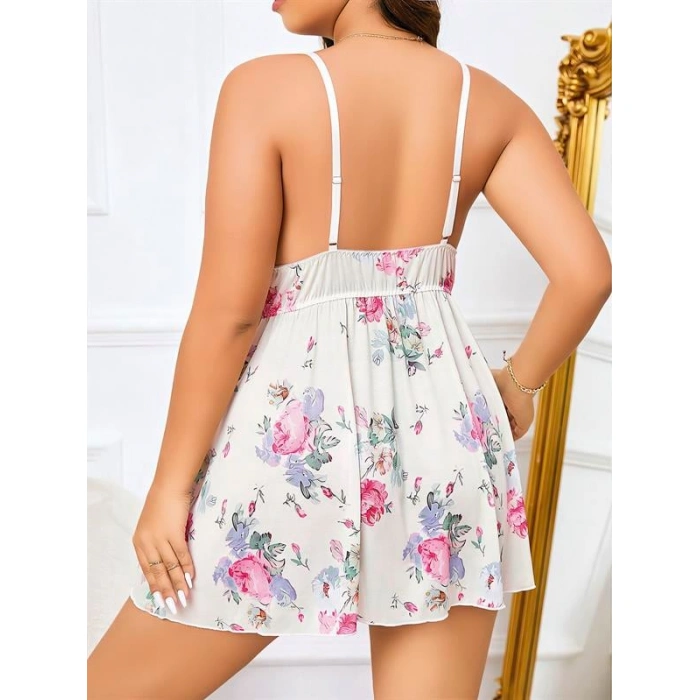 Arias Closet Büyük Beden Beyaz Üstüne Çiçek Desenli Dantel İşlemeli İnce Askılı Gecelik