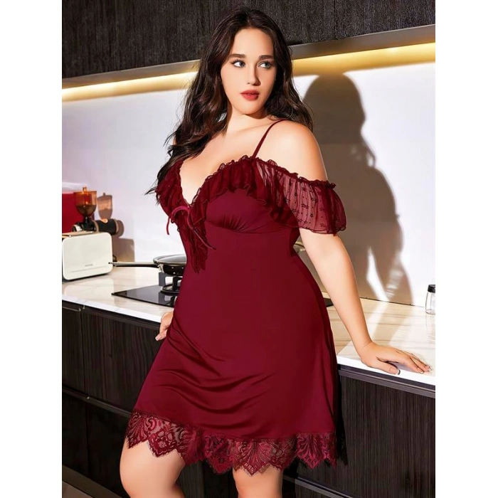 Arias Closet Büyük Beden Bordo Dantel İşlemeli İnce Askılı Gecelik