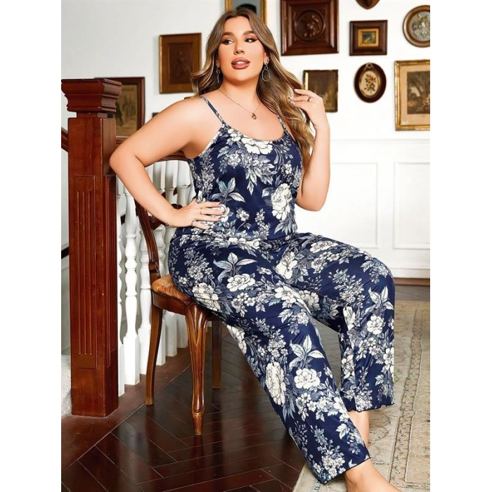 Arias Closet Büyük Beden Çiçek Desenli İnce Askılı Lacivert 2li Takım