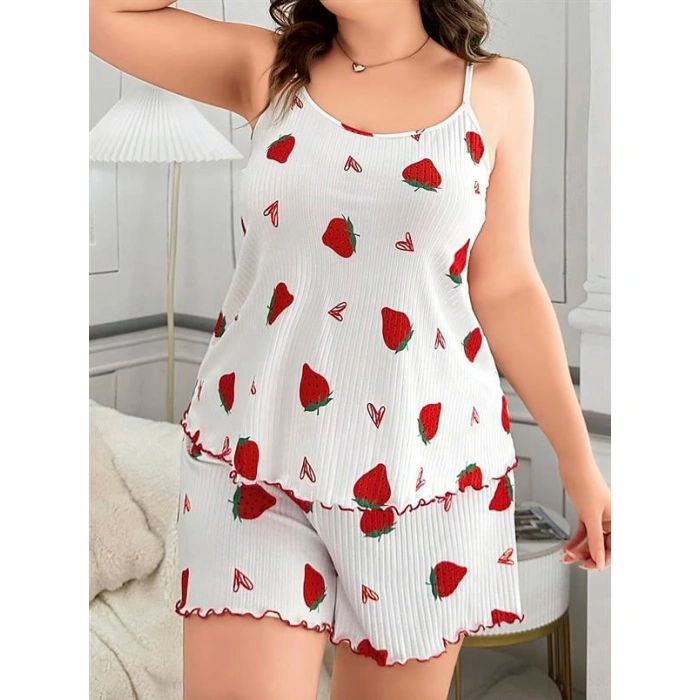 Arias Closet Büyük Beden Çilek Desen Pamuklu Şortlu Pijama Takımı