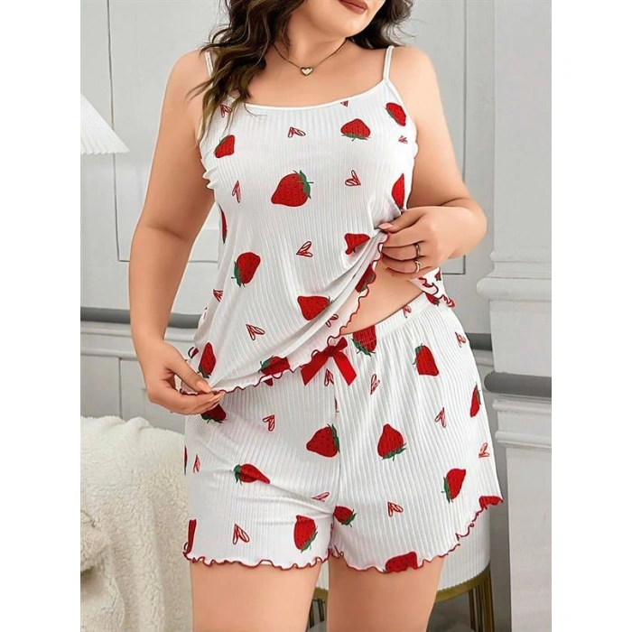 Arias Closet Büyük Beden Çilek Desen Pamuklu Şortlu Pijama Takımı